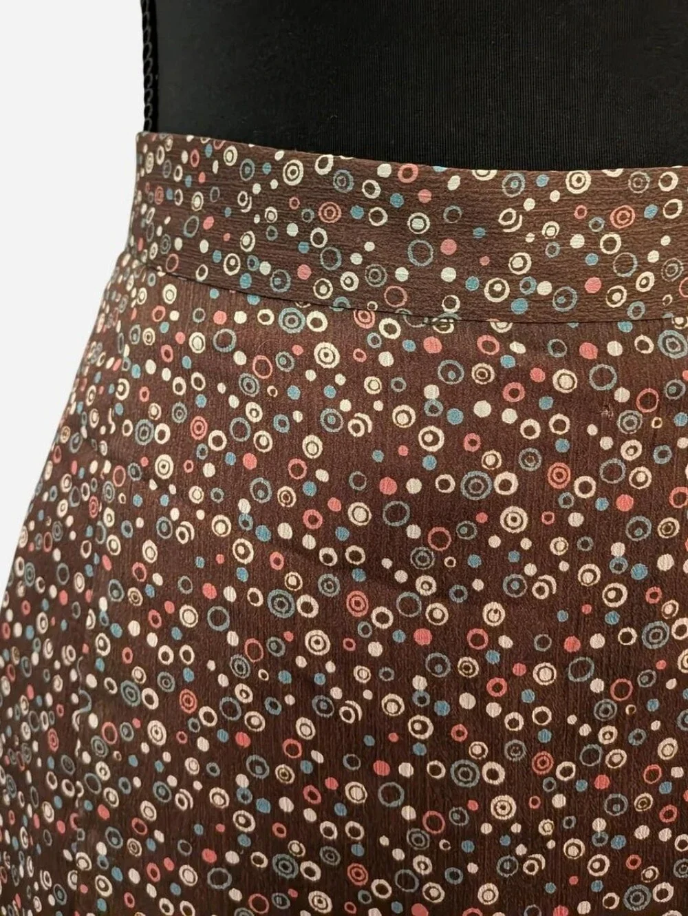 brown midi skirt with swirl & dot pattern